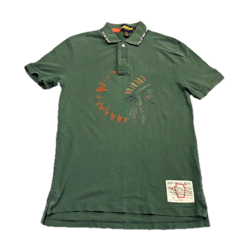 Rugby Ralph Lauren Mens Green Native American Graphic Polo Shirt Size S